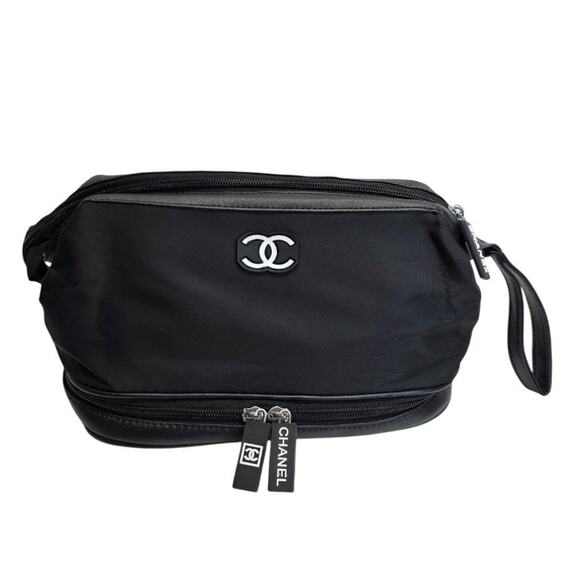 NEW Black Chanel CC Zip Nylon Travel Cosmetic Toiletry Bag, Bottom, Dust Bag - Picture 1 of 15